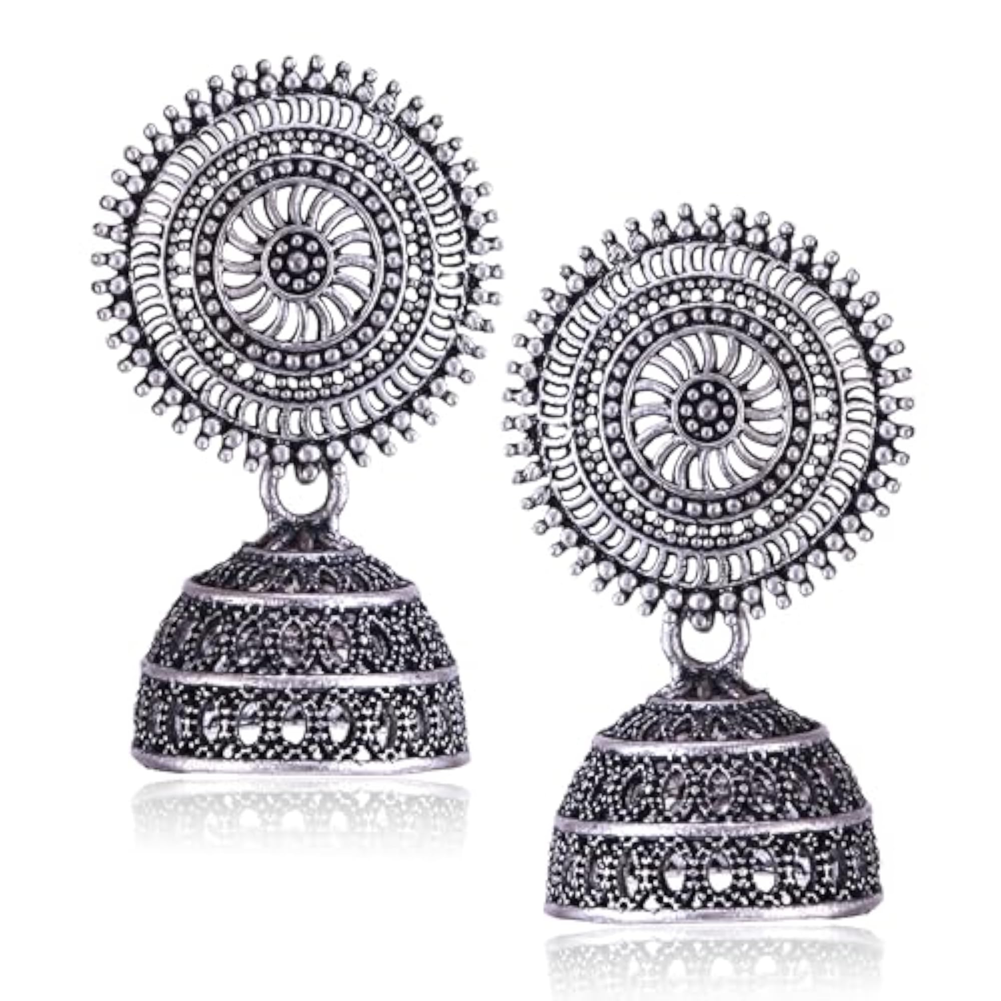 Women's Oxidised Silver Jhumka Earrings with Butterfly & Peacock Design